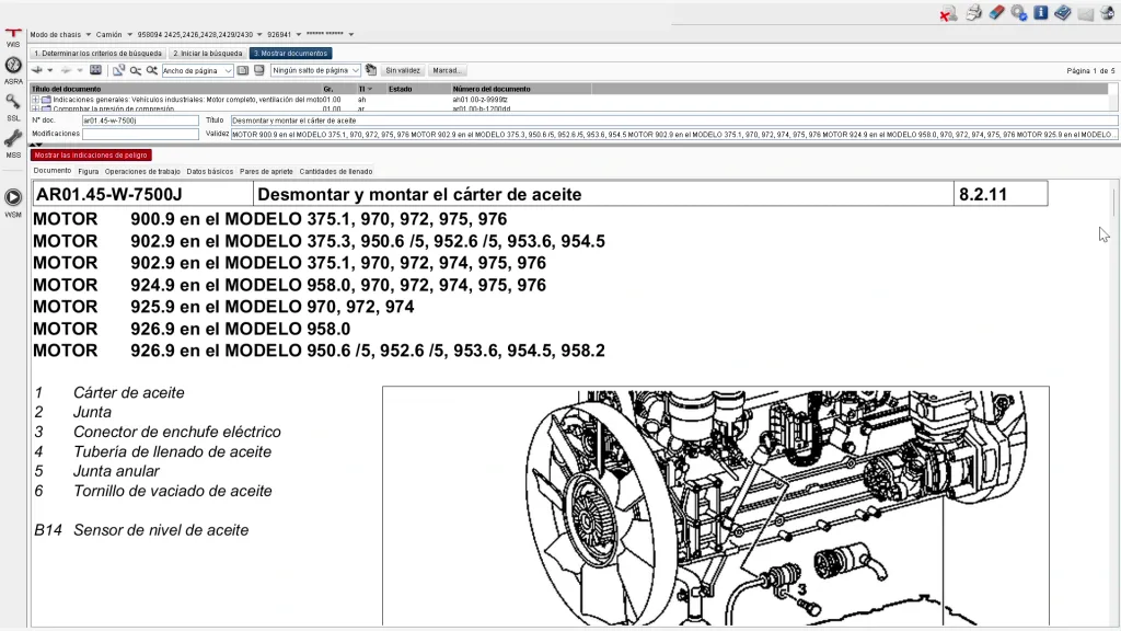 Captura real de Mercedes-Benz WIS con el procedimiento de desmontaje del cárter de aceite y su diagrama